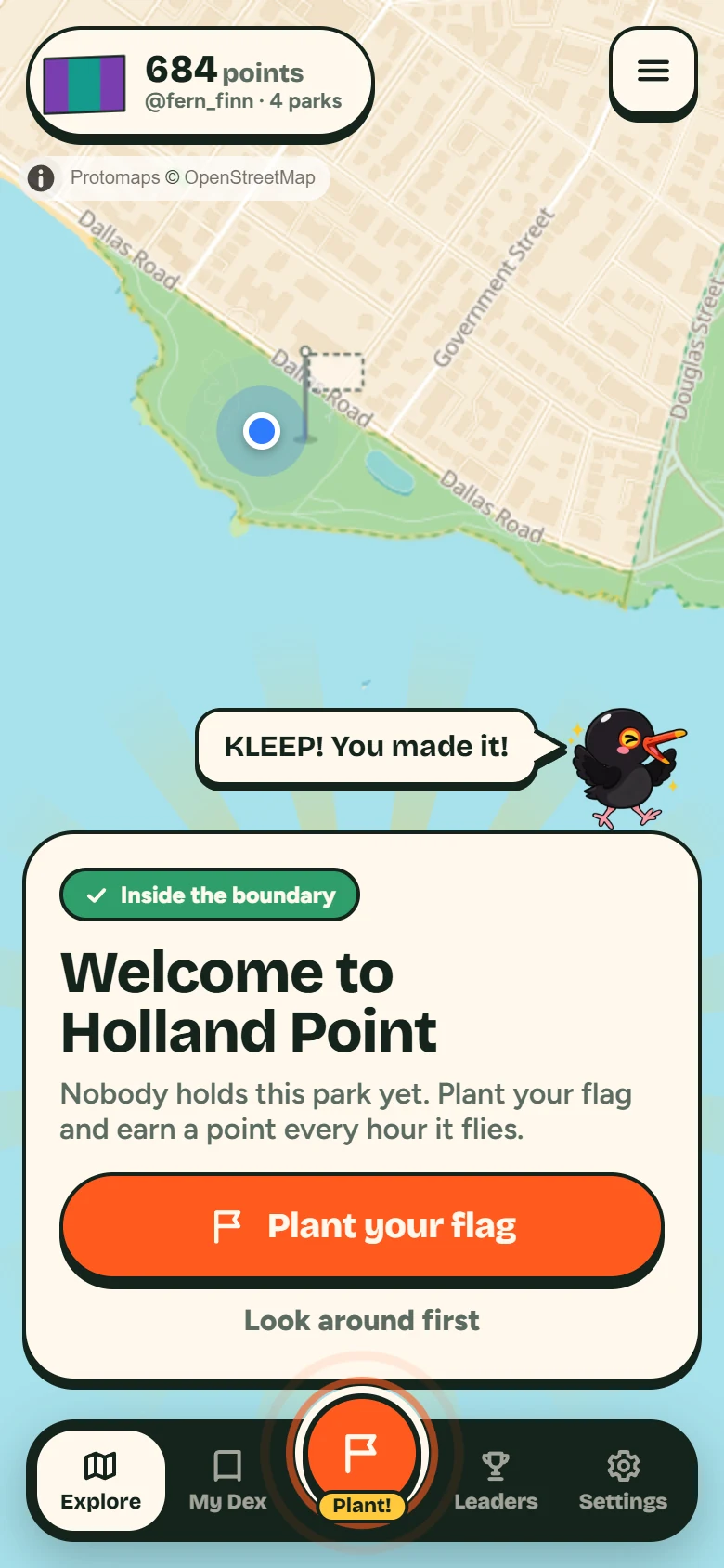 Arrival card: Welcome to Holland Point, inside the boundary. Nobody holds this park yet, with a Plant your flag button