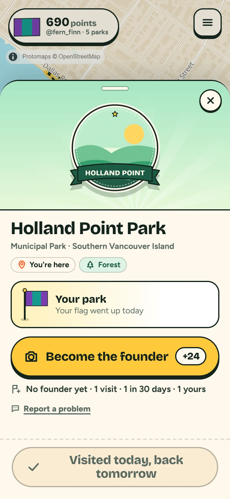 Holland Point Park with your flag just planted, no founder yet, and a Become the founder prompt
