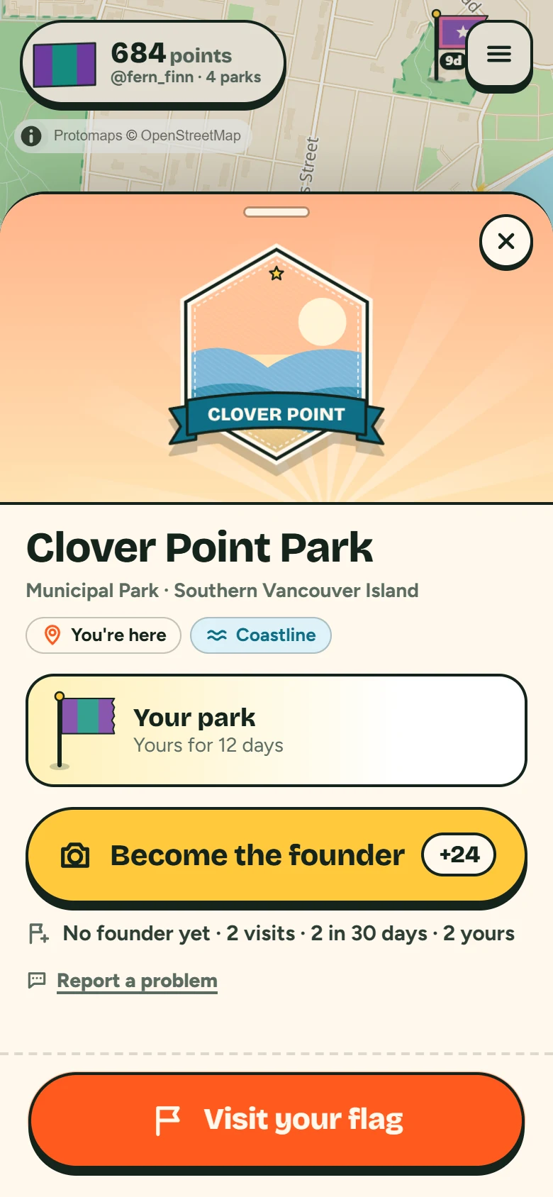 Clover Point Park, held for 12 days: your park, with a Visit your flag button